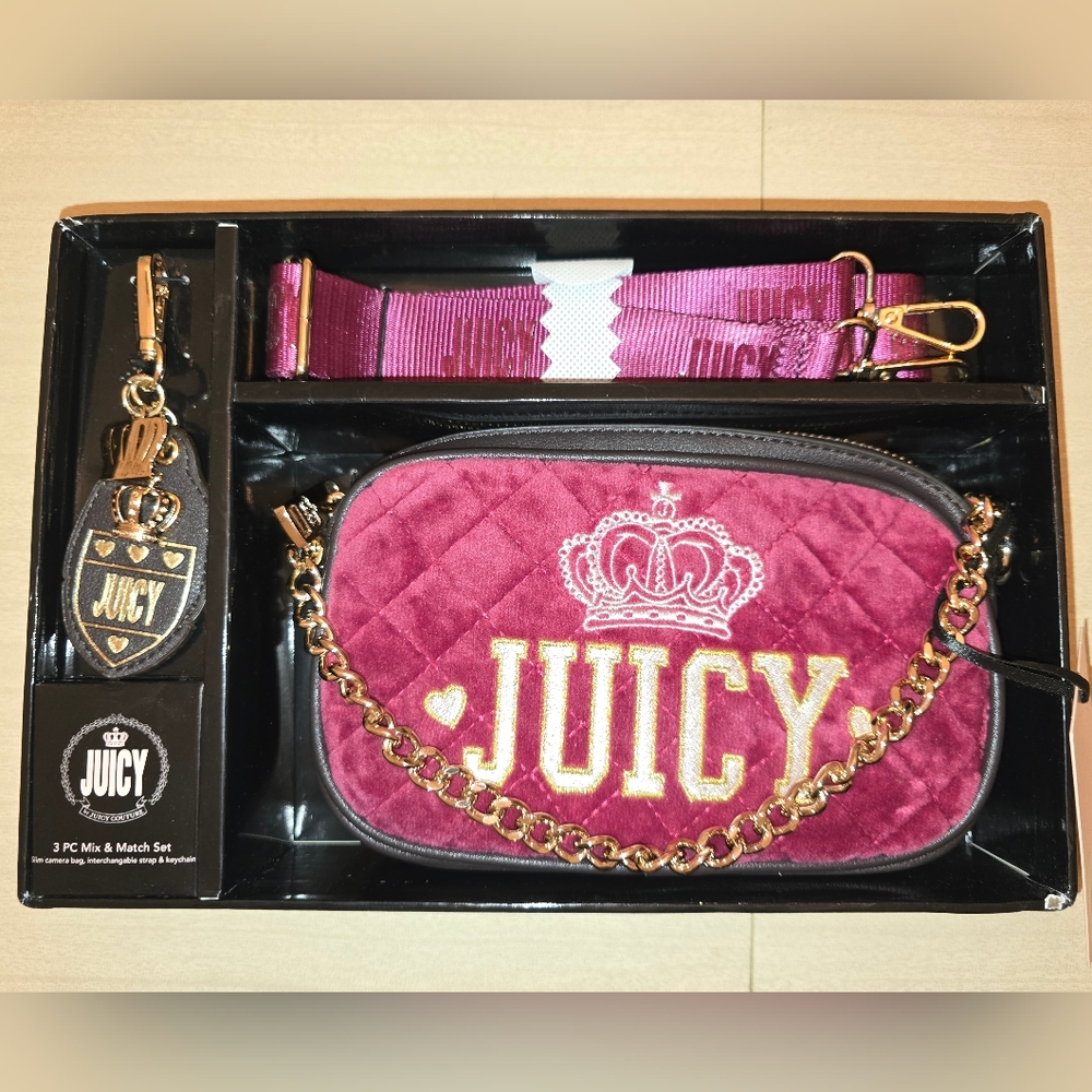 Juicy Couture Pink Velvet Quilted Crossbody Bag with Key Chain .